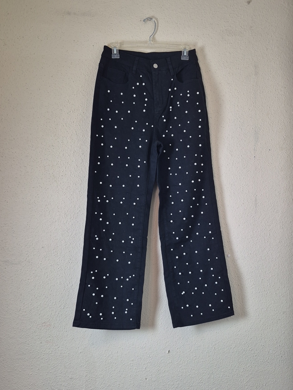 Pearl-Embellished Black Wide-Leg Jeans